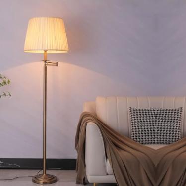 Imagem de Abajur de chão com cúpula de tecido, luminária de pé com cabeça retrátil, luminária vertical de metal polido, luminária de canto decorativa, luminária de leitura alta para sala de estar e qu