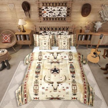 Imagem de Erosebridal Conjunto de edredom vintage com estampa de penas tribais exóticas tribais do sudoeste, nativo do sudoeste, conjunto de cama para crianças, adultos, boêmio, rústico, conjunto de cama de