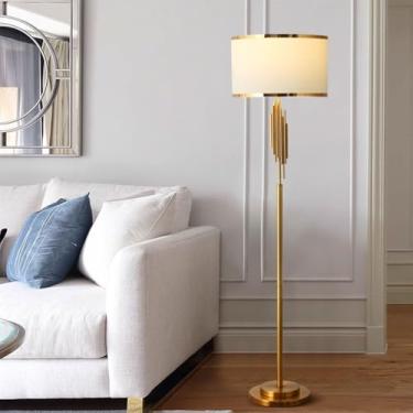 Imagem de Luminária de chão decorativa de luxo com cúpula de tecido, luminária vertical de metal polido, clássica, dourada, ideal para leitura em salas de estar e quartos.
