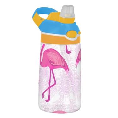 Imagem de Garrafa de água esportiva infantil Pink Flamingos Tropical Leaves para escola, 473 ml, 473 ml, garrafa de água Tritan com canudo, copo infantil à prova de vazamento, reutilizável, alça de transporte