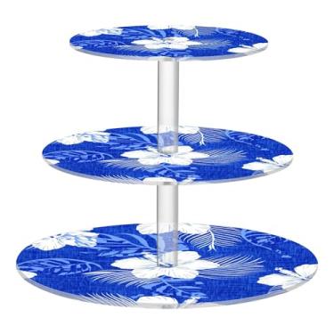 Imagem de Suporte de cupcake para festa de chá, 3 camadas, redondo, aniversário, copo de acrílico, torre de bolo, flores brancas, folhas tropicais, decoração de mesa azul, bandeja de servir comida, suprimentos