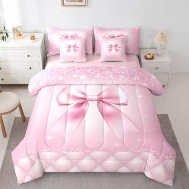Imagem de Feelyou Conjunto de edredom Queen com laço rosa, 7 peças, princesa sonhadora, para crianças, meninos e meninas, cama com glitter, edredom com edredom, lençóis, fronhas, capas de almofada, laço fofo