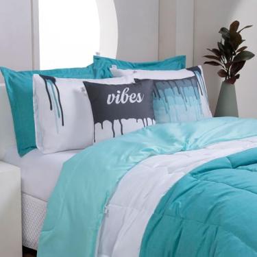Imagem de kit edredom MACIO 7 peças SOLTEIRO, QUEEN E KING estampado (Verde Tiffany, Queen)