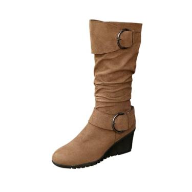 Imagem de Botas femininas casuais de inverno plus size plissadas na altura do joelho cor sólida bico redondo zíper lateral sola grossa salto plataforma, Marrom, 38