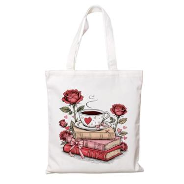 Imagem de Sacola de Dia dos Namorados, sacola de compras reutilizável de lona, ilustração de chá de rosas, presente de tela branca para amantes de livros, mulheres e meninas, bolsa de compras de biblioteca