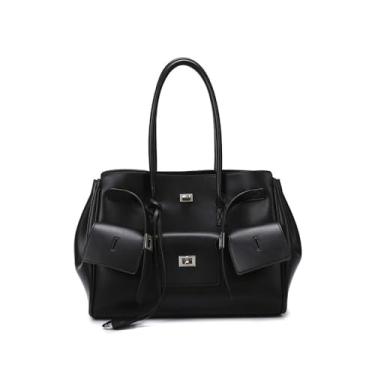 Imagem de Bolsa feminina com alça superior, bolsas de couro vegano, estilo vintage, bolsas de ombro punk para trabalho diário, Preto, One Size