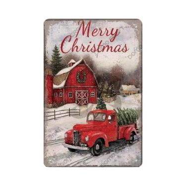 Imagem de Placa De Metal Vintage Feliz Natal Com Caixa De Música, Placa De Árvor