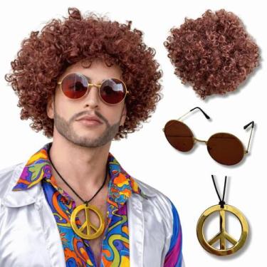 Imagem de Peruca Hippie Afro Retrô colar e óculos festa anos 50 60 70 Cor:Castan