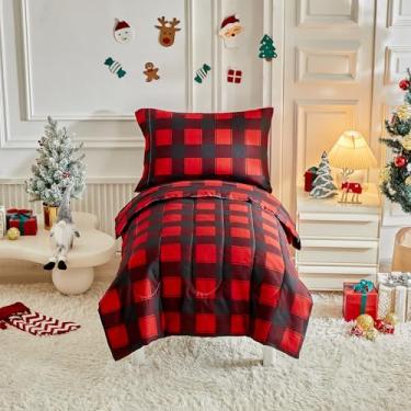 Imagem de Jogo de cama infantil de Natal para meninos e meninas, xadrez vermelho e preto, 4 peças, cama branca fofa em uma bolsa para o ano novo