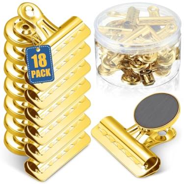 Imagem de MorningRo 18 clipes magnéticos de 5,5 cm de metal resistente para geladeira com caixa para quadro branco, exibição de fotos, escritório, escola, sala de aula (ouro)