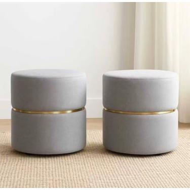 Imagem de Puff Redondo Luxo em Linho Cinza – Assento Estofado para Sala, Escritório ou Provador | Banqueta Decorativa