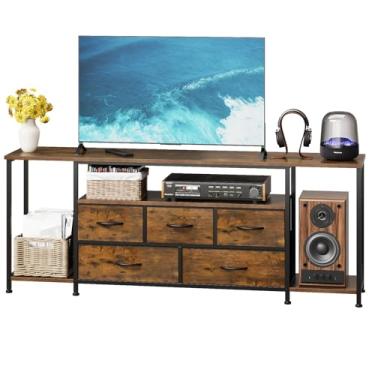Imagem de Welfuturer Suporte de TV para TVs de até 177 cm, mesa de console de TV industrial com 5 gavetas de tecido e 3 prateleiras abertas, centro de entretenimento de mídia com pés ajustáveis para sala de