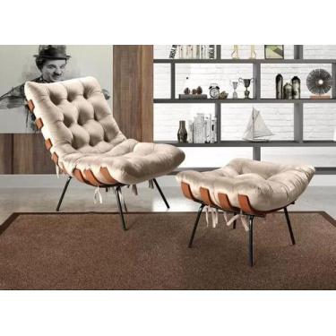 Imagem de Kit Poltrona Costela De Adão Kit E Pufe Base Fixa Em Aço E Madeira -Da