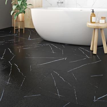 Imagem de Retire e cole pisos de azulejo à prova d'água em mármore preto 30,5 x 30,5 cm, revestimento autoadesivo de vinil preto fosco para apartamento, cozinha, banheiro, quarto, entrada, fácil instalação