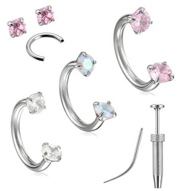 Imagem de 3 peças 16G Anel de nariz em ferradura de aço inoxidável, argola de nariz de pedra dupla, anéis anti-sensíveis para nariz de sapato de cavalo com afunilamento para septo nasal Alar Tragus Auricle Ear