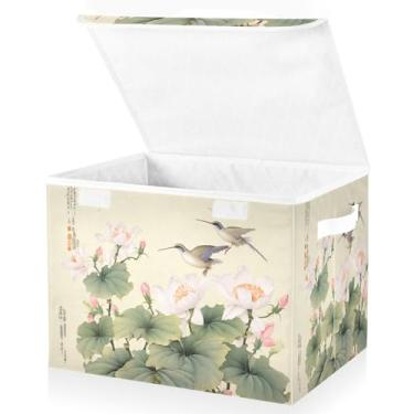 Imagem de Blueangle Cestos de armazenamento florais de beija-flores chineses com tampas, 42 x 32 x 30 cm, cesta organizadora grande dobrável para decoração de escritório e armário (337)