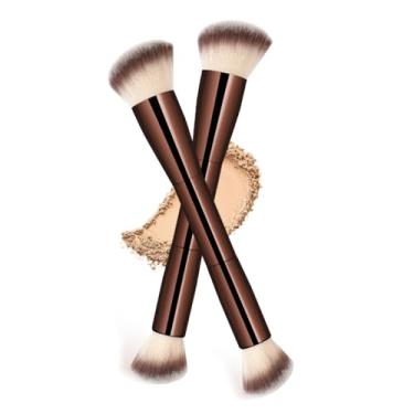 Imagem de 2 pincéis de contorno facial de ponta dupla, pincéis de maquiagem multifuncionais para contornar e misturar blush (café)
