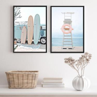 Imagem de Kit 2 Quadros Praia Kombi Surf 33x24cm - Vidro