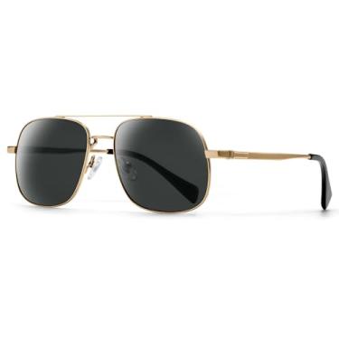Imagem de SUNGAIT Square Aviator Óculos de sol masculinos flexíveis, têmporas de titânio, proteção UV, lentes de vidro resistentes a arranhões para dirigir, Armação dourada/lente cinza