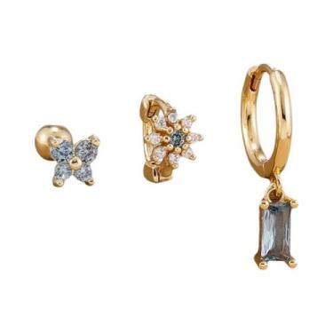 Imagem de Conjunto De Brincos De Argola Com Flor De Zircônia Banhados a Ouro 14K