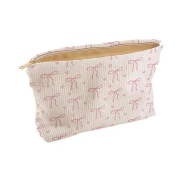 Imagem de Bolsa De Cosméticos Rosa De Veludo Cotelê Com Laço, Leve E Portátil, O