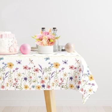 Imagem de Toalha de mesa floral de primavera, estampa de libélula de borboleta silvestre, capa de mesa retangular, toalha de mesa de PE à prova d'água para casamento com flores, chá de bebê, decoração de festa