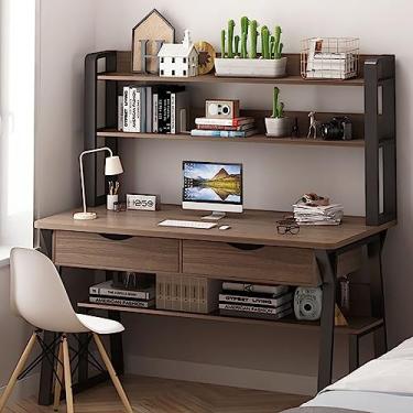Imagem de Mesa de computador moderna com estante, estação de trabalho de escritório doméstico com prateleiras superiores de armazenamento, mesa de estudo elegante para escrever e estudar (119 x 61 x 73 cm