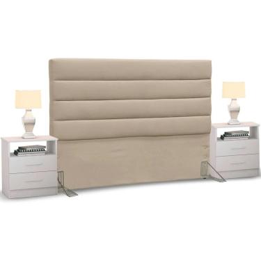 Imagem de Cabeceira Cama Box Casal King 195cm Greta Suede Bege e 2 Mesas de Cabeceira Flex Branco - Mpozenato