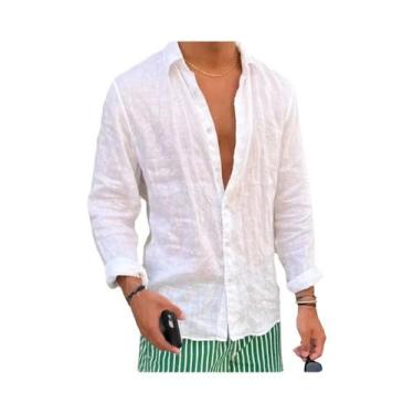 Imagem de Camisa Masculina Slim Fit De Algodão E Linho Manga Longa Casual Cor Só