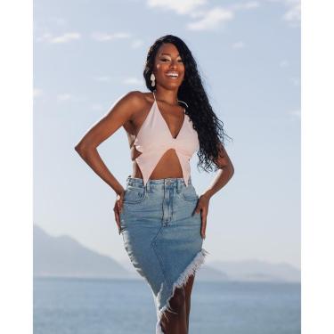 Imagem de SAIA JEANS LONGA FEMININA COM BARRA DESFIADA ASSIMÉTRICA 23057 44 CLARA UNICA-Feminino