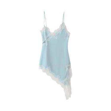 Imagem de Vestido De Cetim Assimétrico Com Renda Slim Fit Para Mulheres ZERAINS 