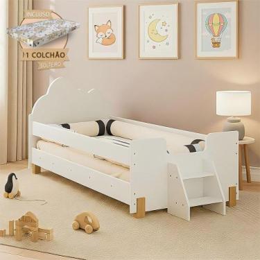 Imagem de Cama Solteiro Lorena com Grade Lateral Escadinha Cabeceira Nuvem Quart