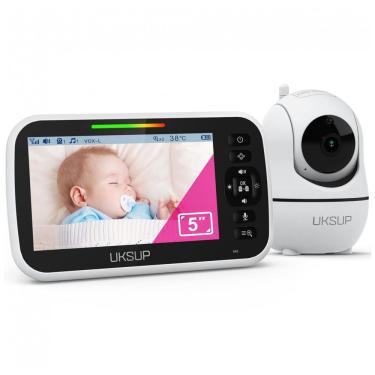 Imagem de Babá Eletrônica UKSUP Branco Tela 5" Pan Tilt Zoom 2x Bateria 30h Sensor Temperatura SM663