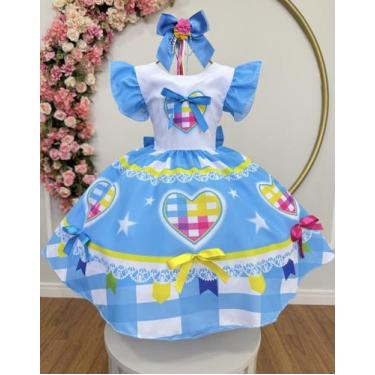 Imagem de Vestido Xadrez Festa Junina Infantil Azul Bebê Coração Junino Caipira 