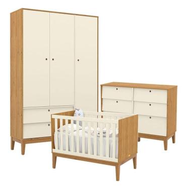 Imagem de Quarto de Bebê Unique 3 Portas com Cômoda 6 Gavetas em MDF Off White Freijó Eco Wood Ma...