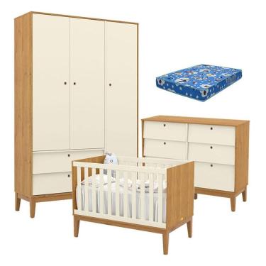 Imagem de Quarto de Bebê Unique com 3 Portas Cômoda 6 Gavetas em MDF 136cm Off White Freijó e Col...
