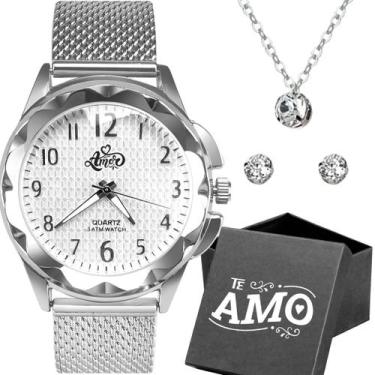 Imagem de Relogio Feminino Prata Aço Inox + Pulseira + Caixa + Colar presente ca