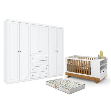 Imagem de Kit Berço Multifuncional Bkids e Guarda Roupa Americano 6 Portas MDF Colchão Incluso Branco Matic Móveis