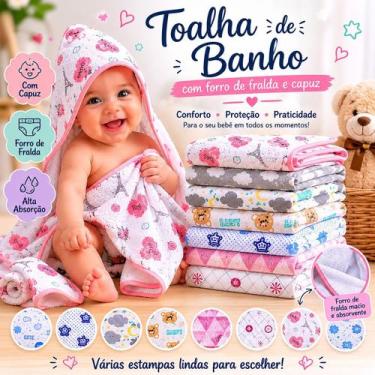 Imagem de Toalha de Banho Bebê com Capuz e Forro de Fralda 70x70cm 100% Algodão 