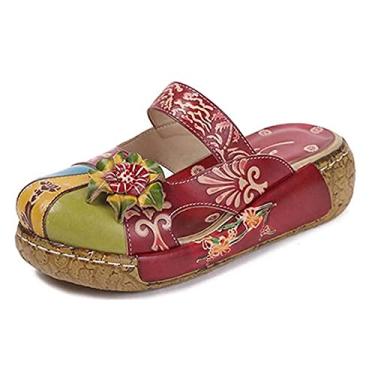 Imagem de TangDao Chinelo feminino de couro colorido, vintage, moderno, floral, com flores, estilo boho, plataforma, sem costas nuas para mulheres, Vermelho, 7