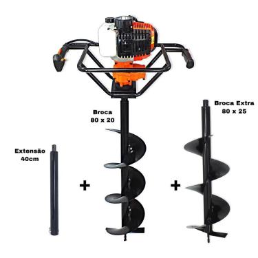 Imagem de KIT Perfurador de Solo Vulcan VPS520 2T 52CC 2,5HP com Broca 80x20cm + Broca 80x25cm + Extensão de 40cm com Pino Trava