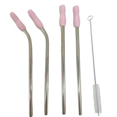 Imagem de Canudo Aço Inox Reutilizavel Ecologico Kit 4 Peças MilkShake Bebida Vitamina Ponteira de Silicone Reto Curvo Escova de Limpeza Sustentavel