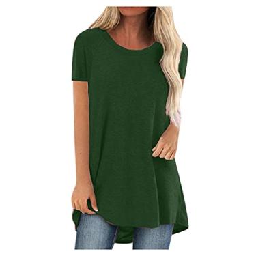 Imagem de yeacher OA-1 Europa e América 2021 feminino cor sólida camiseta gola redonda solta manga curta pulôver feminino verde XXXL