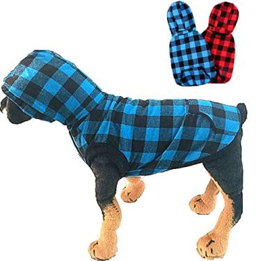 Imagem de Foern Jaqueta para cachorro com capuz removido, casaco quente com bolso de tira ajustável padrão xadrez, roupas para cães pequenos, médios grandes, azul, G: 58 cm/22,8 pol