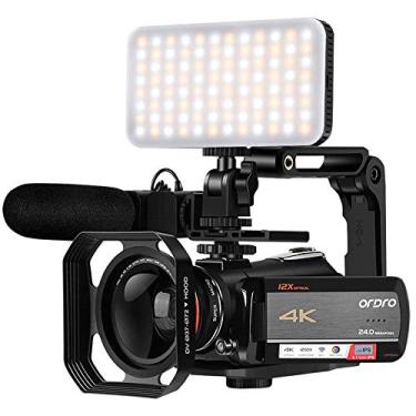 Imagem de ORDRO Filmadora UHD 4K AC5 com zoom óptico de 12x, IPS HD de 3,1 polegadas 1080P 60FPS, câmera Vlog WiFi com microfone, luz de vídeo, lente grande angular e cartão 64G