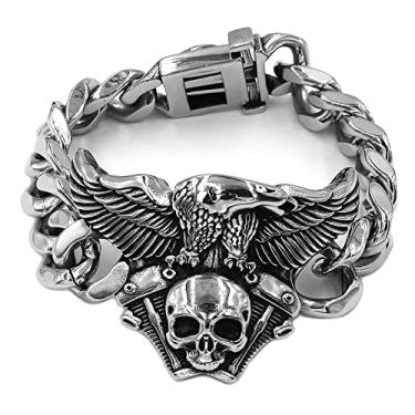 Imagem de Pulseira Bracelete Masculino Motoqueiro Caveira Águia Biker Vintage Toda Em Aço Maciço Inox