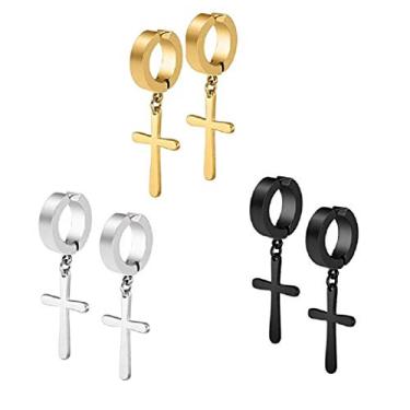 Imagem de 3 pares de brincos de aço inoxidável com clipe de orelha sem piercing e pingente de cruz para homens, mulheres, meninos e meninas, Aço inoxidável