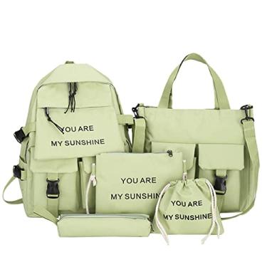 Imagem de Mochila feminina Harajuku conjunto de 5 peças nylon trabalho viagem mochila grande capacidade casual faculdade mochila com alças ajustáveis, verde, 40 * 33 cm