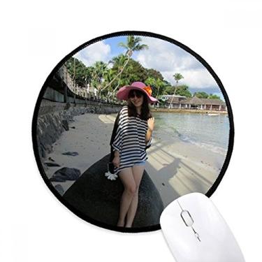 Imagem de DIYthinker Beach Coconut Tree Ellie Yao Girl Stone Mouse Pad Desktop Office Tapete Redondo para Computador