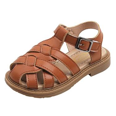 Imagem de Sandálias para meninas criança pequena dedo fechado tira em T sandálias vestido sapatos de verão crianças sapatos esportivos meninas (marrom, 22)